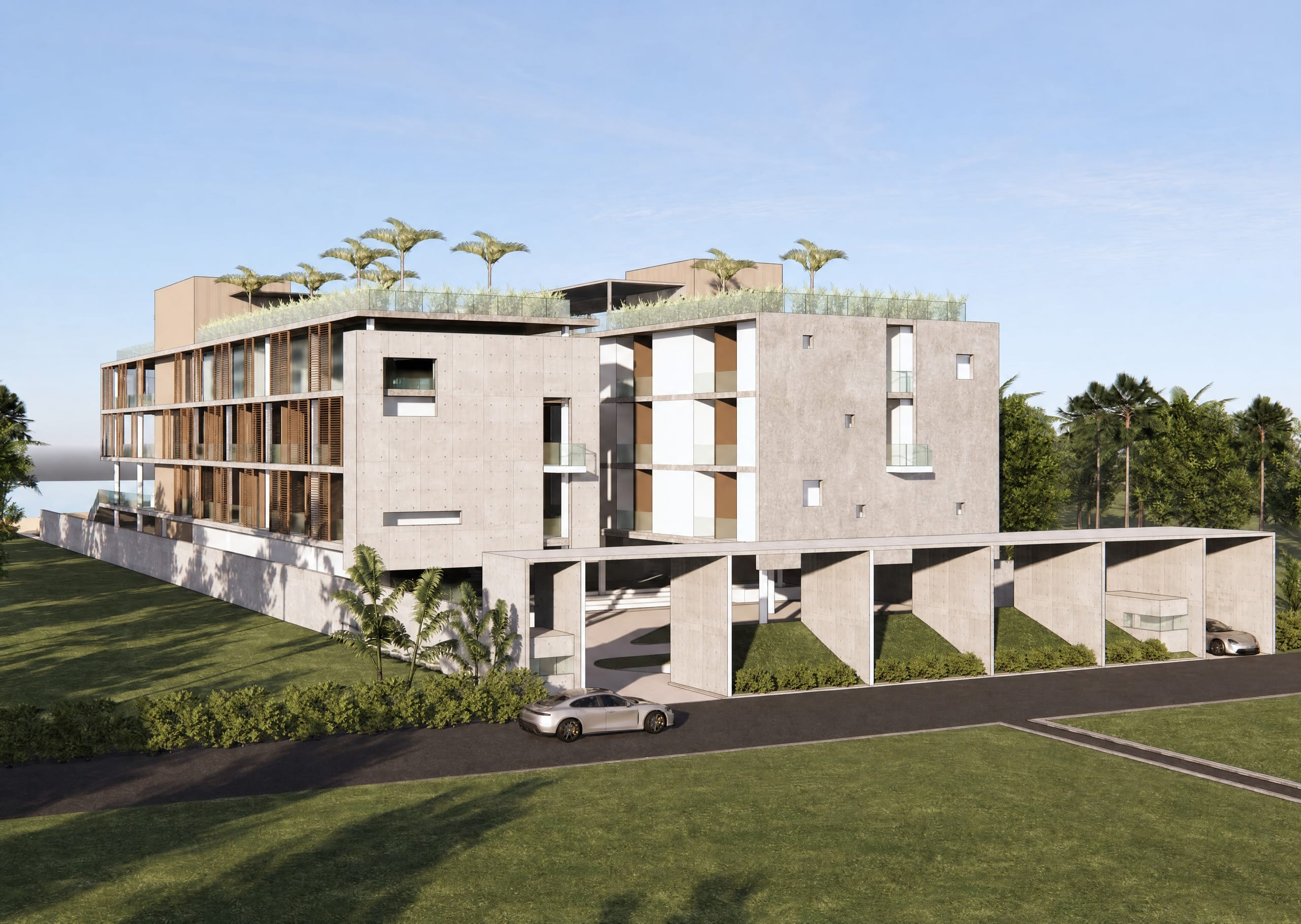 Low-rise beachfront resort with timber louvres facing the sea