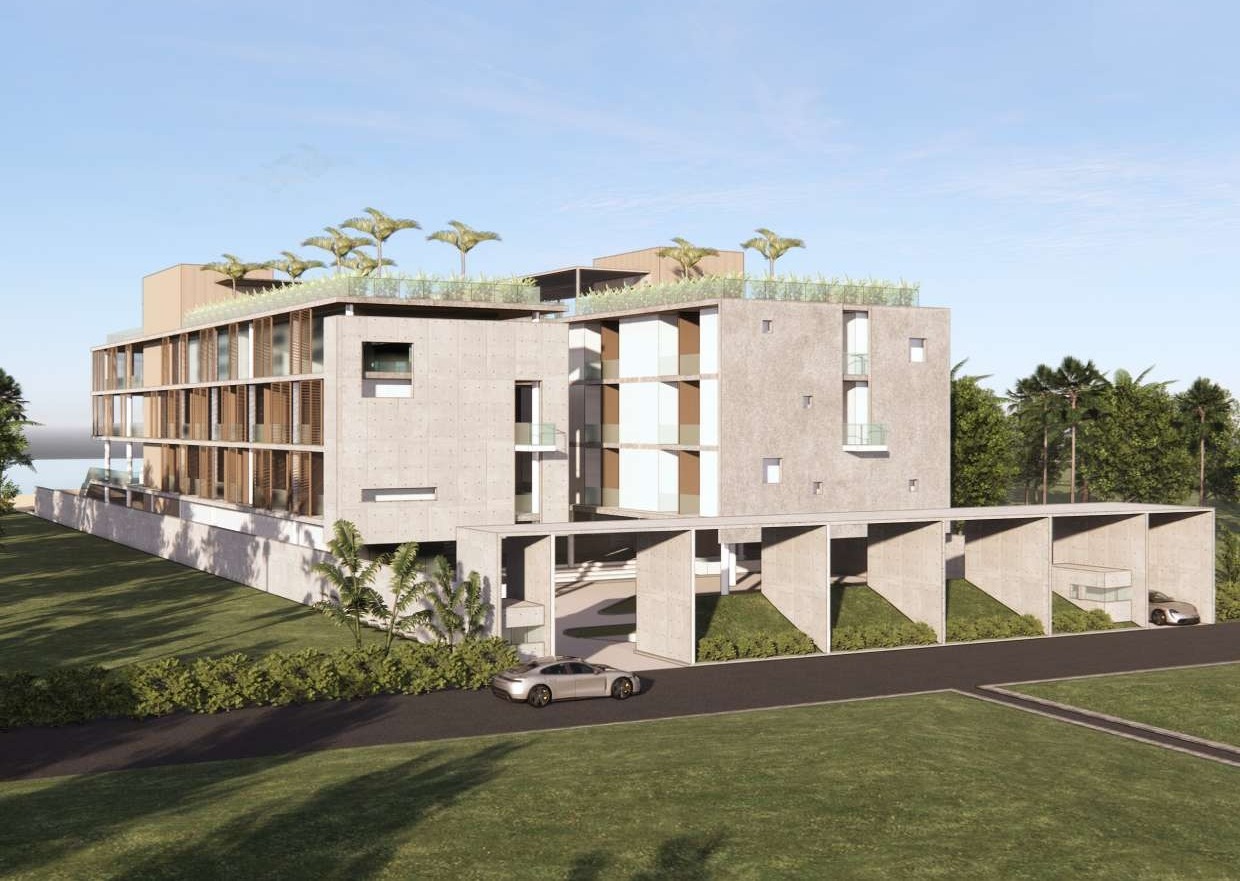 Low-rise beachfront resort with timber louvres facing the sea