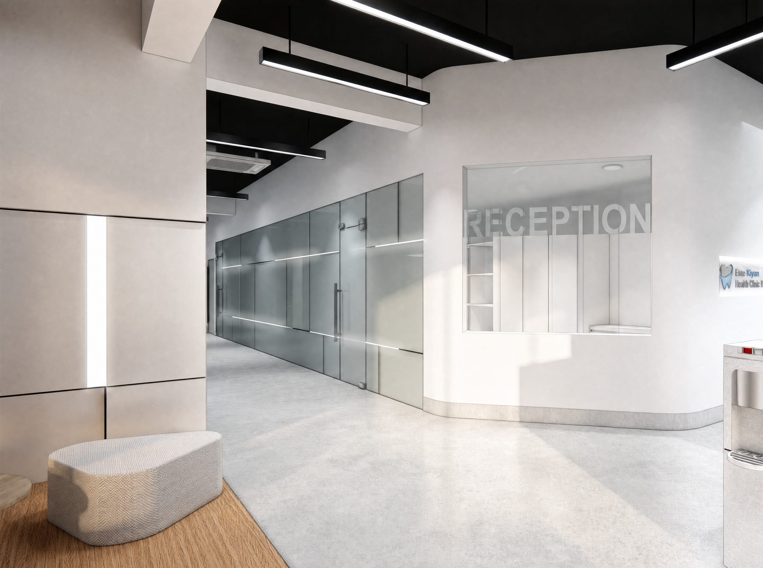 Dental clinic corridor leading to a frosted-glass reception desk