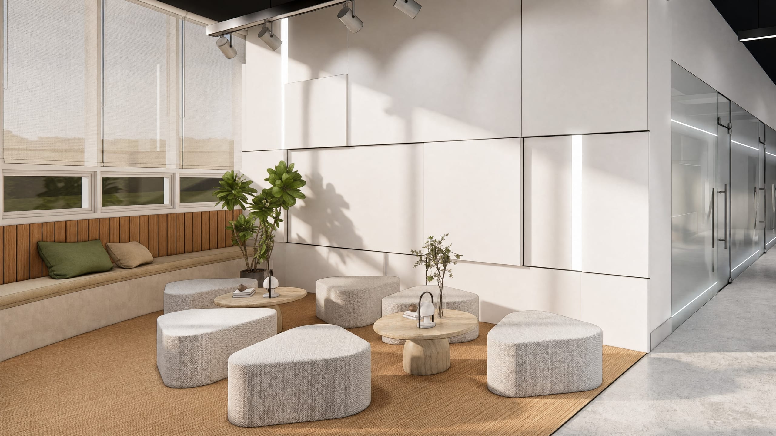 Waiting lounge with a built-in timber bench and planting