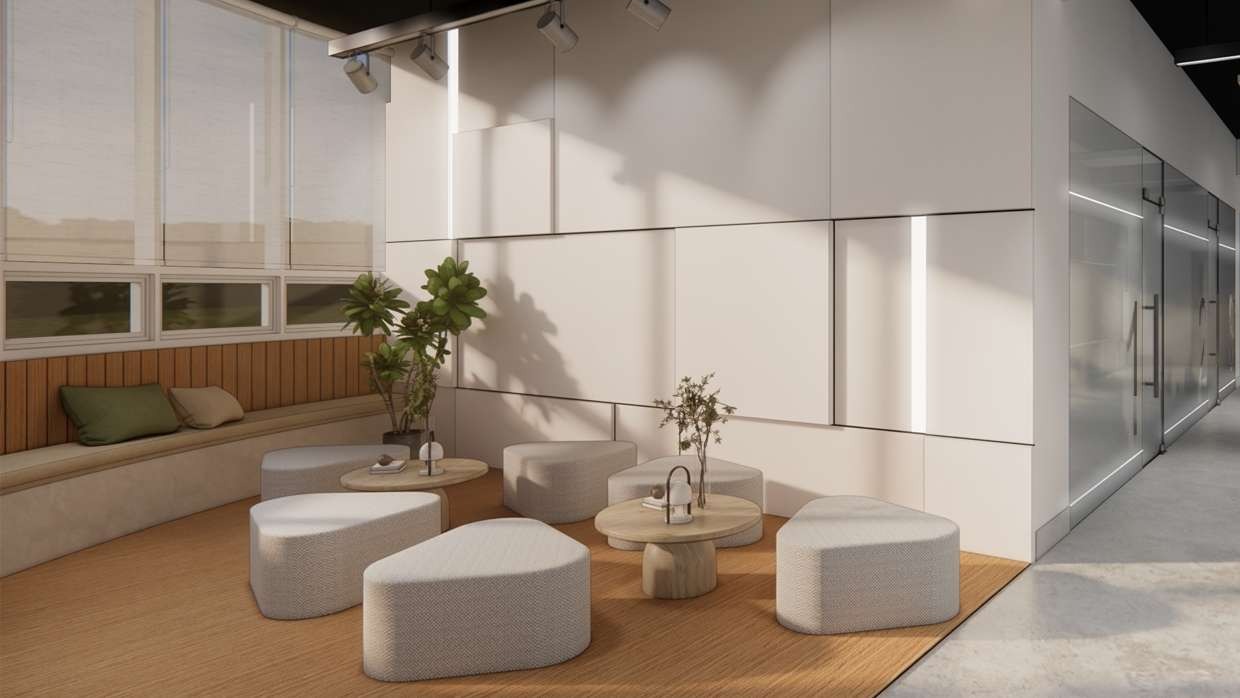 Waiting lounge with a built-in timber bench and planting