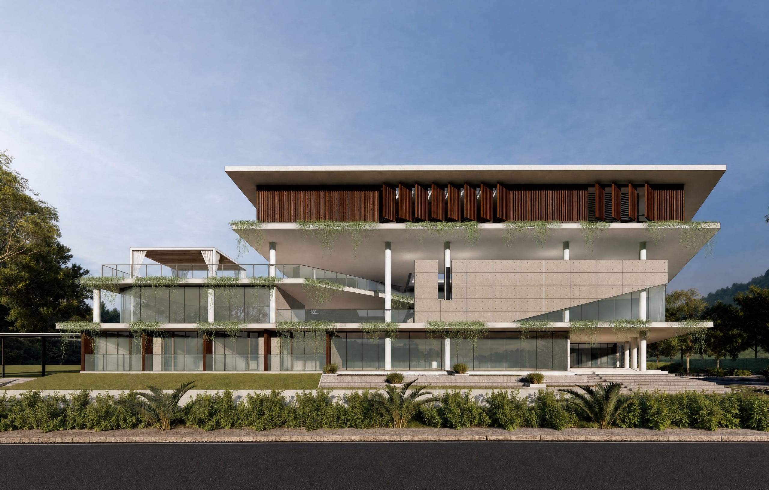 Clubhouse pavilion with a cantilevered roof and timber screen