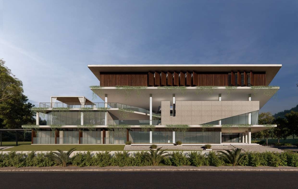 Clubhouse pavilion with a cantilevered roof and timber screen