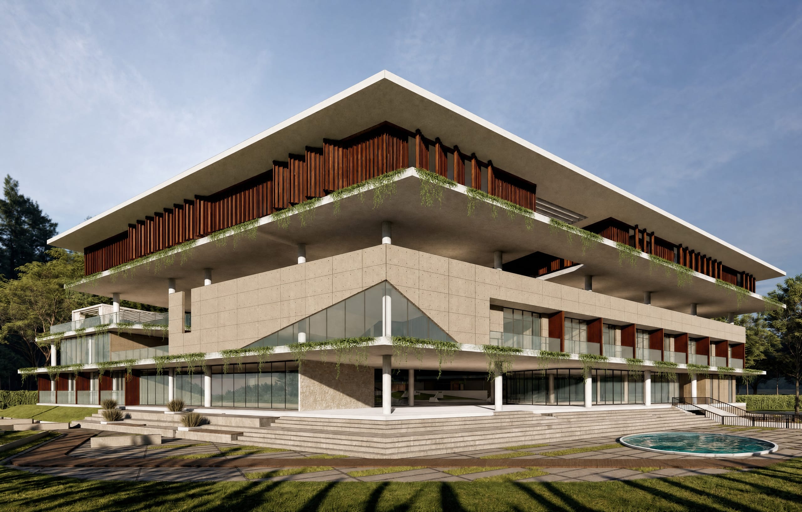 Terrace and reflecting pool beneath the clubhouse's folded roofline