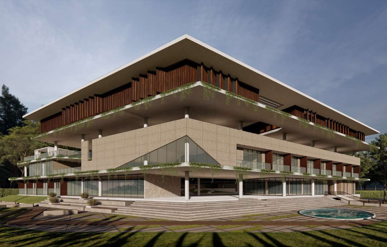 Terrace and reflecting pool beneath the clubhouse's folded roofline
