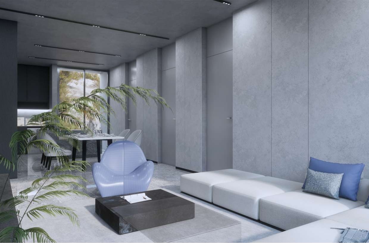 Bedroom with full-height glazing facing the surrounding hills