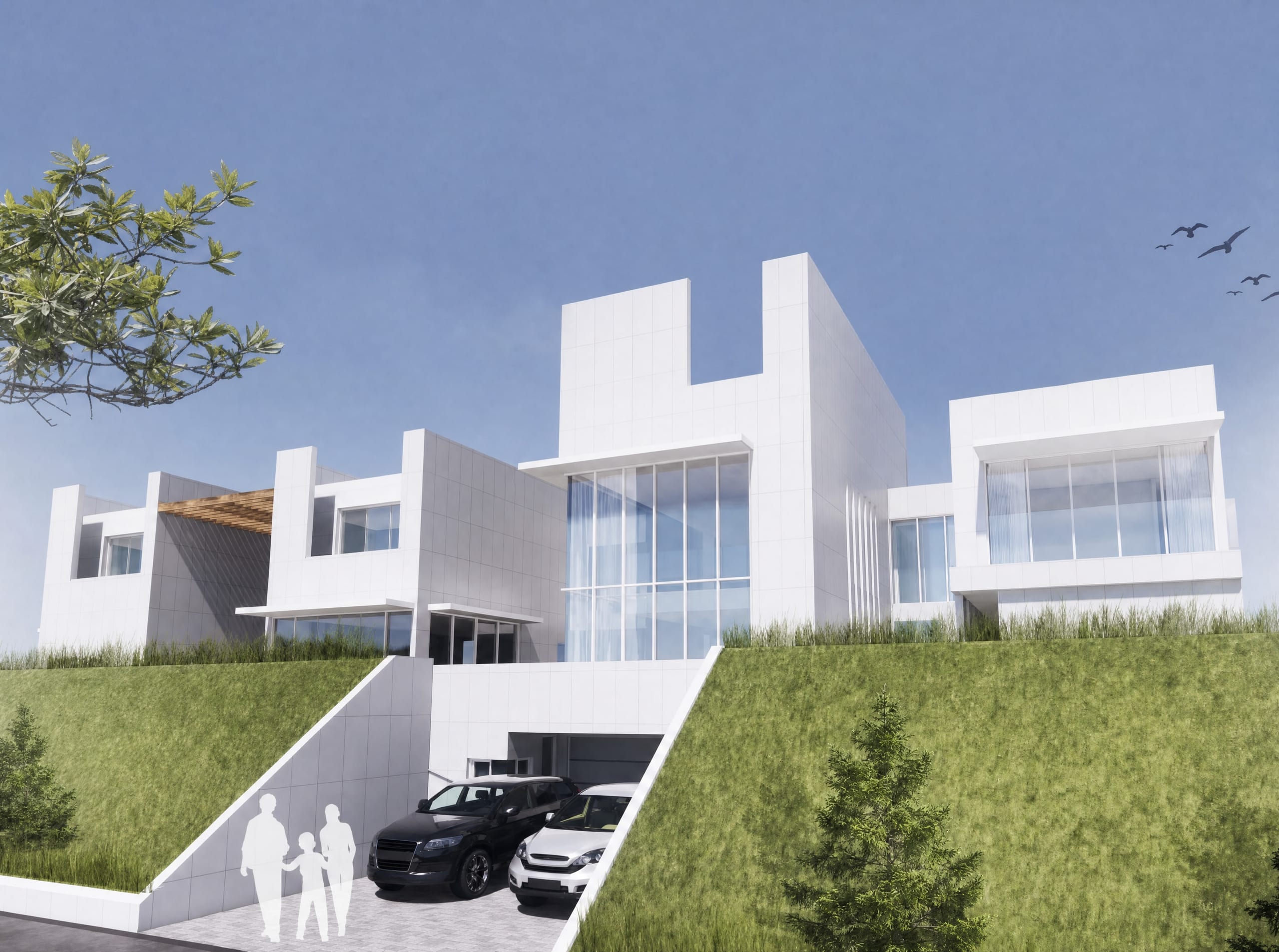 White H-shaped villa massing set against a green hillside