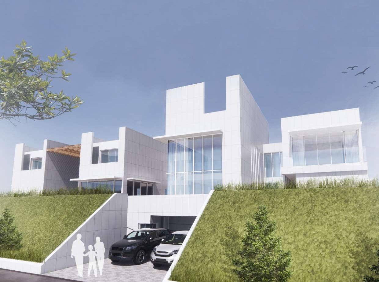 White H-shaped villa massing set against a green hillside