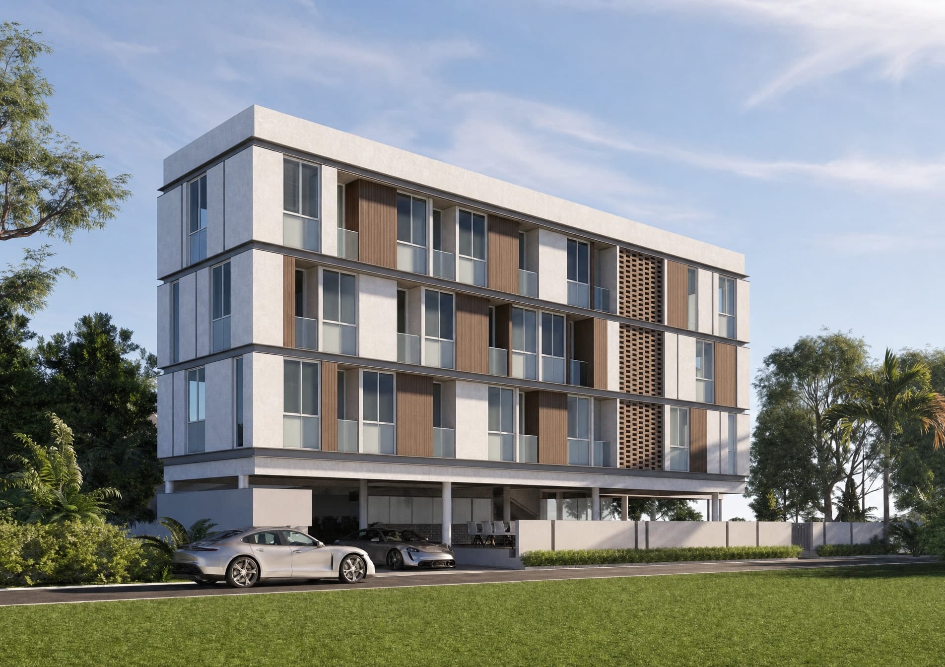 Apartment building with a woven timber lattice screen accent