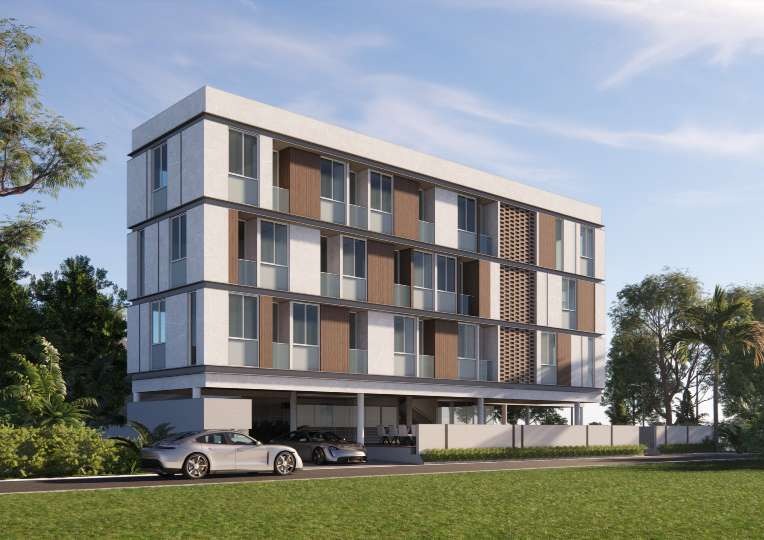 Apartment building with a woven timber lattice screen accent