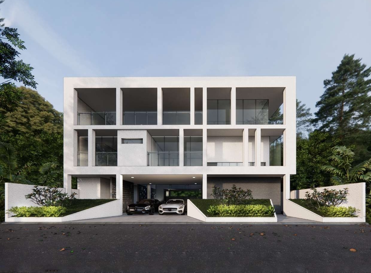 White concrete residence framed by a recessed structural grid