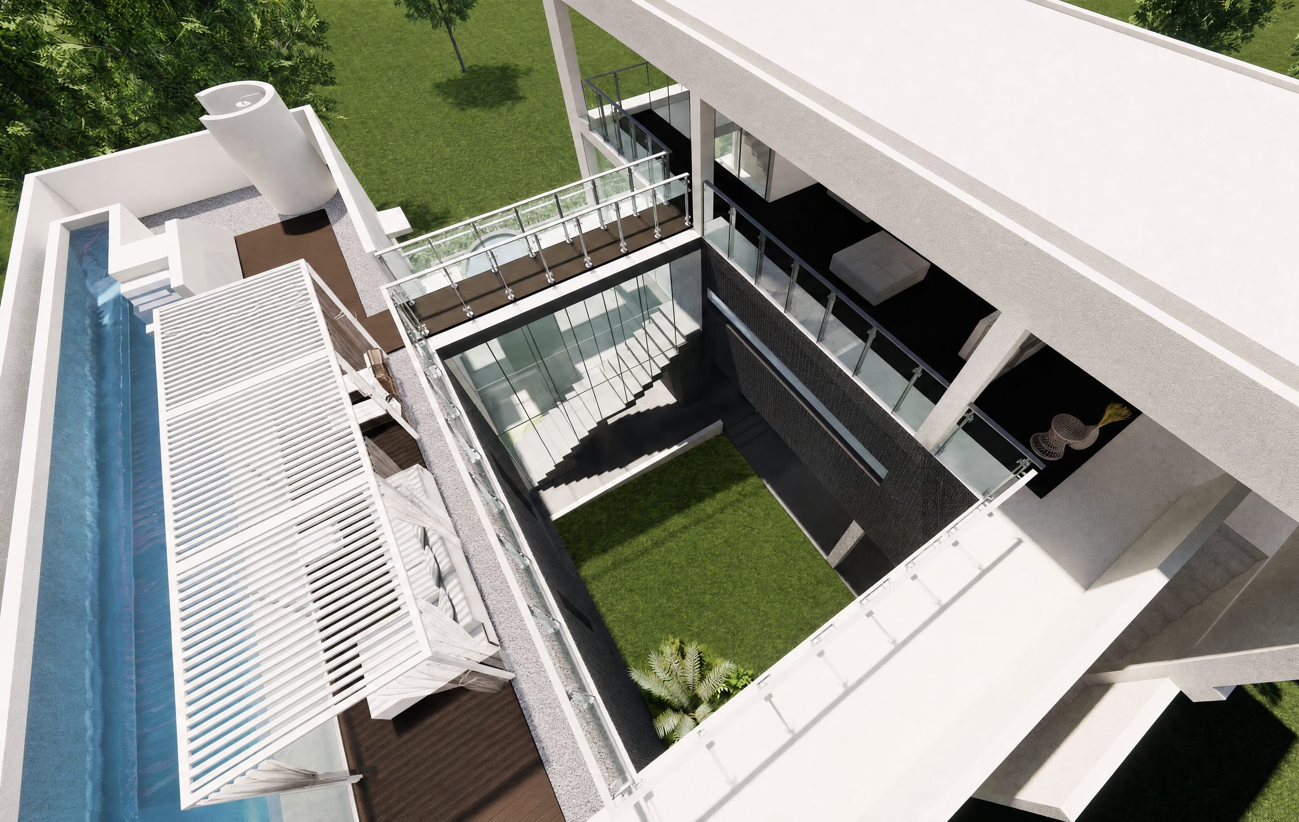Aerial view of a residence with a lap pool and sunken courtyard