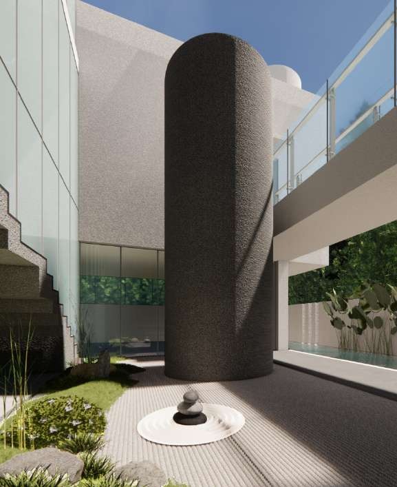 Sunken courtyard with a sculptural stone-clad volume and rock garden