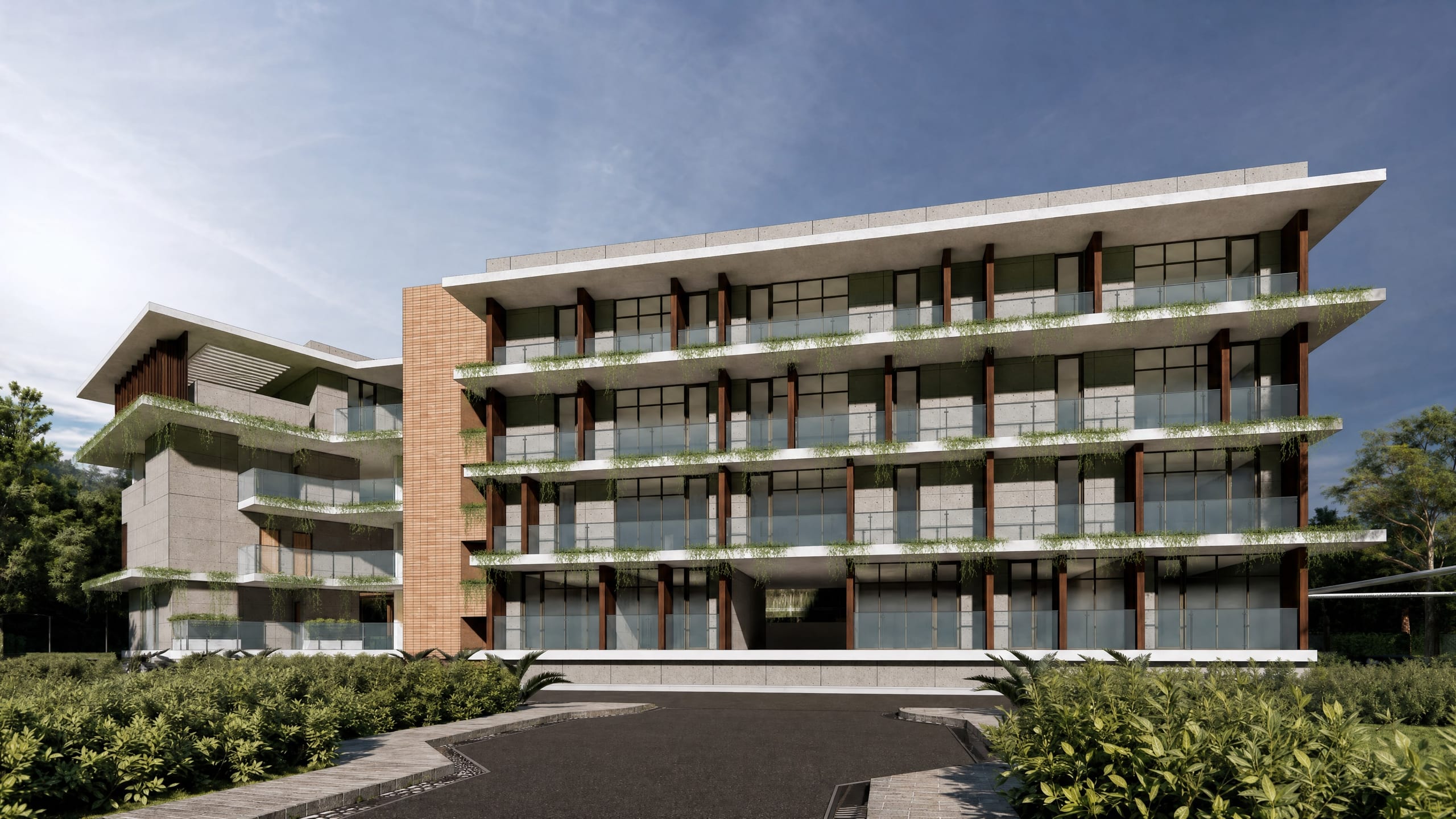 Apartment building facade with planted balcony trellises