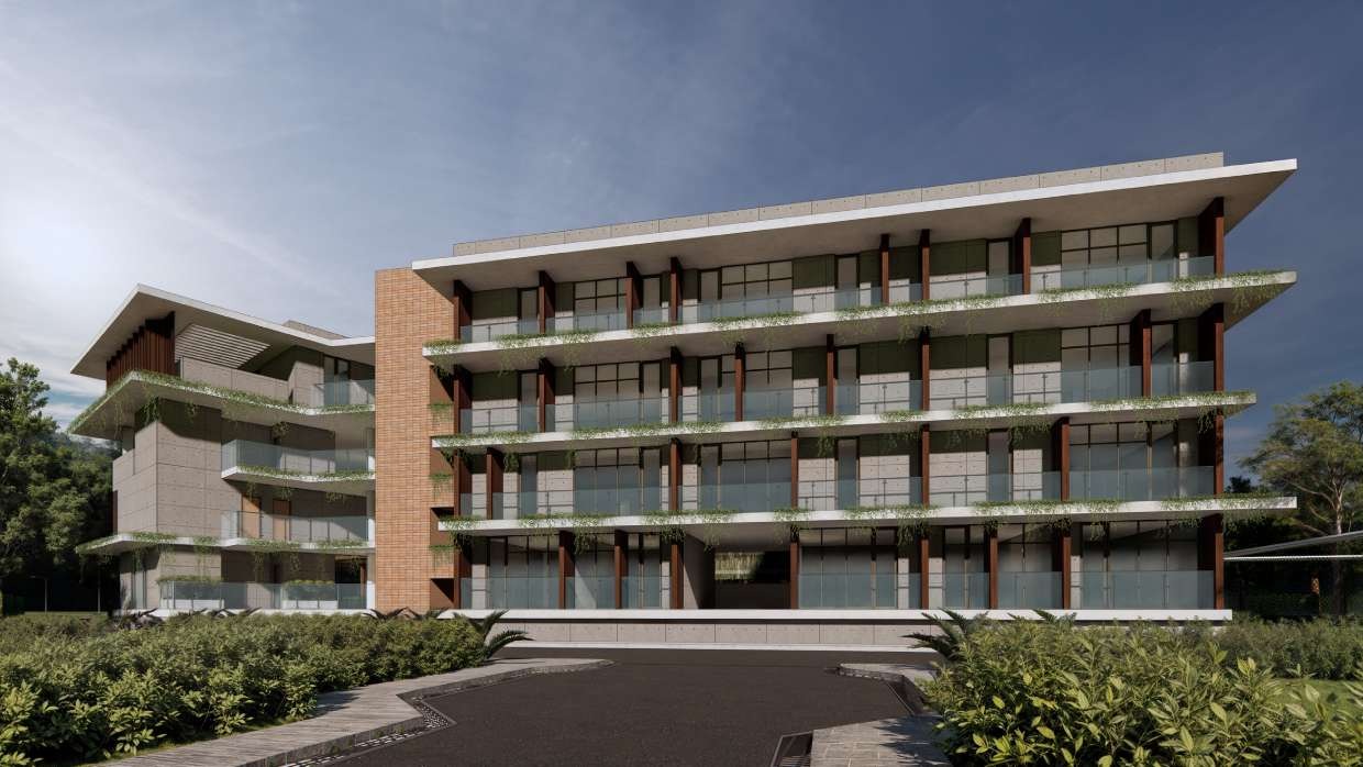 Apartment building facade with planted balcony trellises