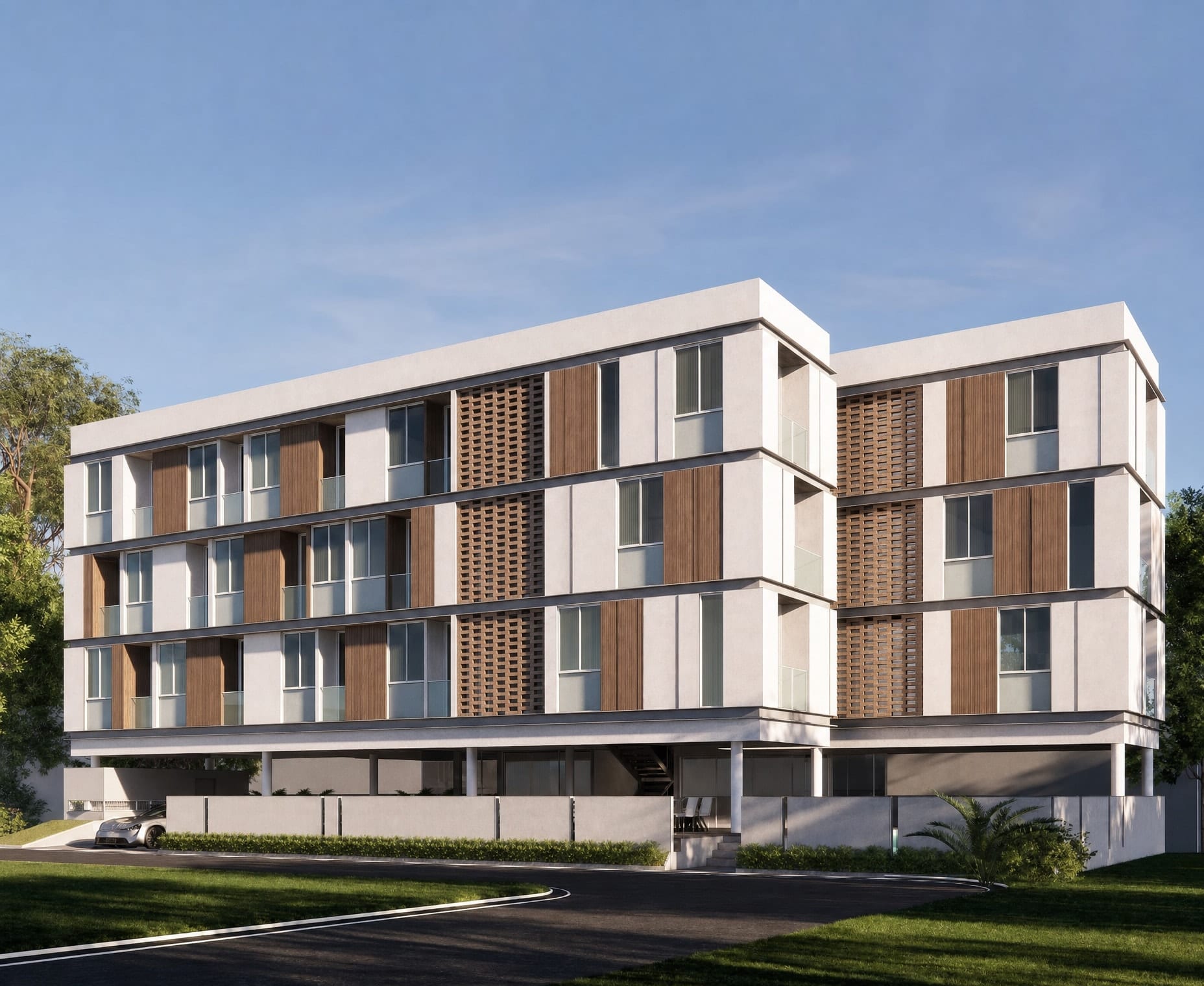 Terraced townhouse block with vertical timber-slat balconies