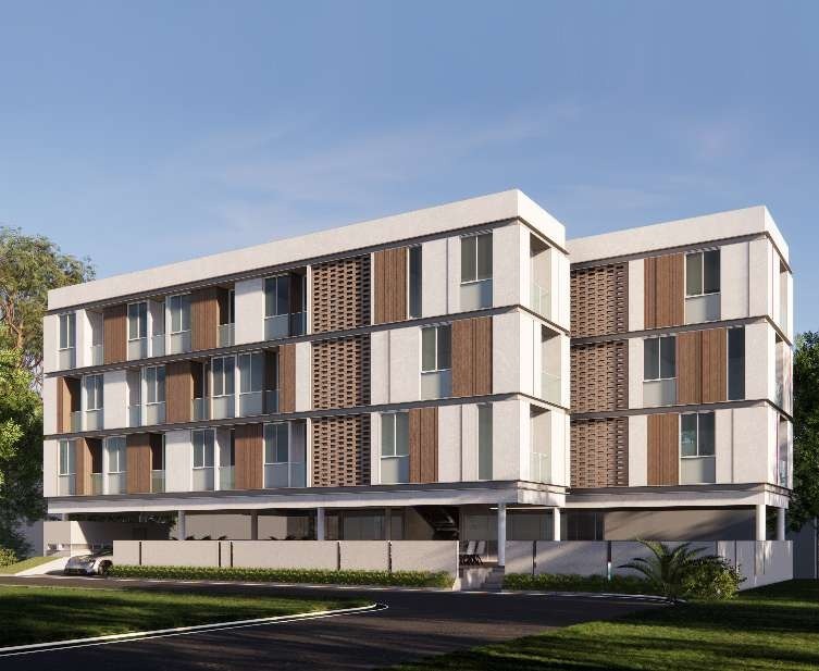 Terraced townhouse block with vertical timber-slat balconies
